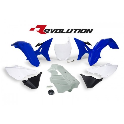 KIT PLASTICOS RTECH REVOLUTION YAMAHA YZ 125 / 250 2002 - 2017 AZUL E BRANCO C/DEPOSITO TRANSPARENTE